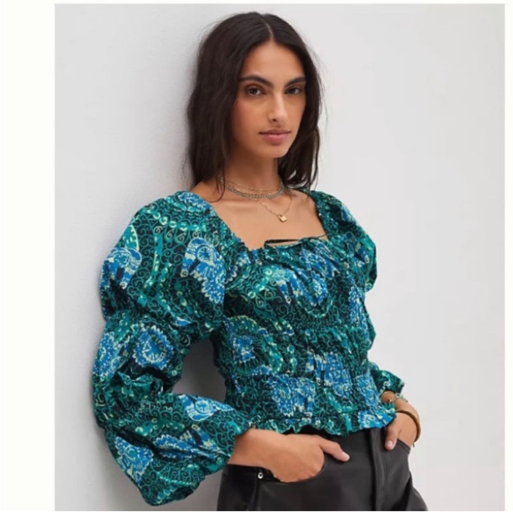 Anthropologie Porridge Elephant Green Blue Top Puff Sleeve Woman's L